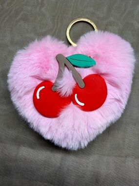 Pink Heart Faux Fur Cherry Key & Card Holder Bag Charm
